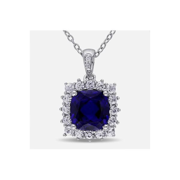  4 CT Sapphire Cushion cut Halo Zircon Pendant with 925 Sterling Silver Chain
