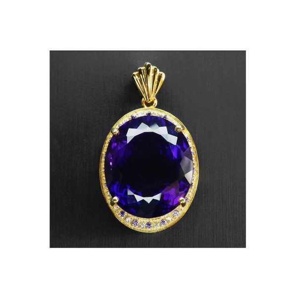 Gran Pendiente de Amatista Indigo Violeta Natural de 25,30 quilates en Plata de ley 925 bañada en Oro de 24 quilates con Halo de Zafiro y Cadena