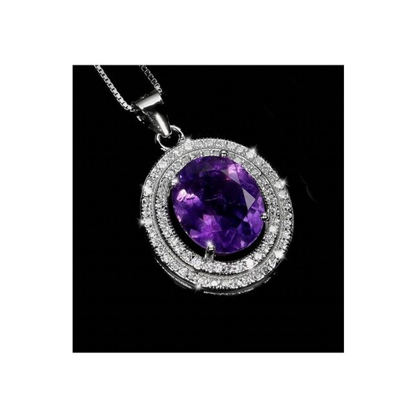 Pendiente de Amatista Natural de 10 quilates y Halo de Circónia creado en laboratorio en Plata de ley 925 con Cadena