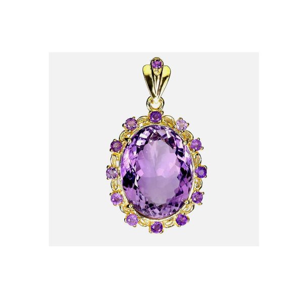 Pendiente Grande de Amatista Natural de 20 quilates con 12 Halos de Amatista pequeños en Plata de ley 925 Chapada en Oro Amarillo de 18 quilates con Cadena