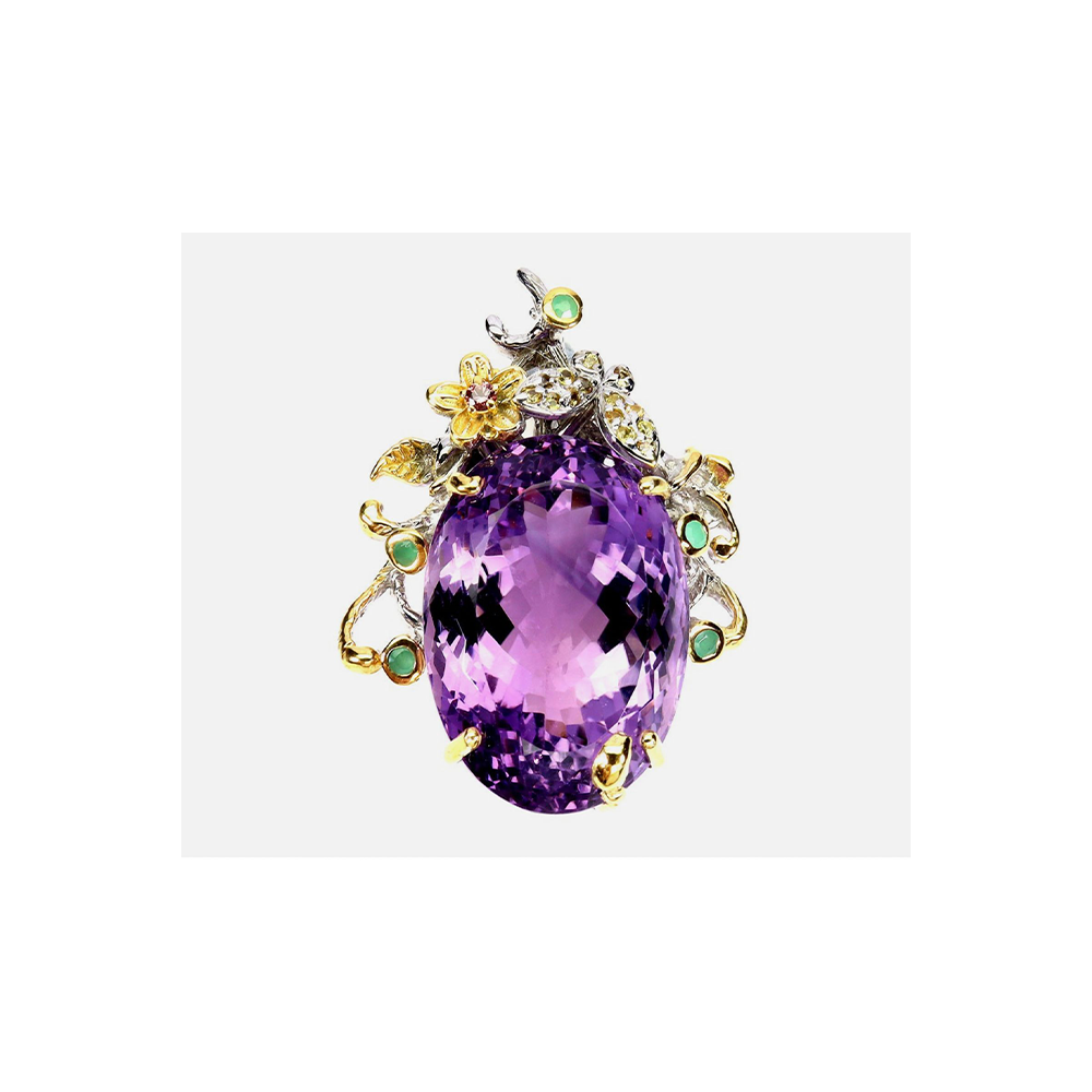 Large Rare Oval Amethyst 50 CT Handmade Pendant, Natural Emerald accents on 925 Sterling Silver