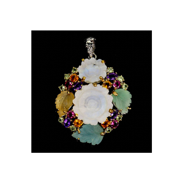 Gran Pendiente Artesanal de 19 mm con Piedra Luna Natural, Citrina Natural y Amatista en Plata de ley 925