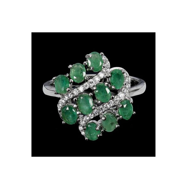 Anillo de plata de ley 925 con diez esmeraldas naturales ovaladas y detalles de diamantes de grado D, talla 7