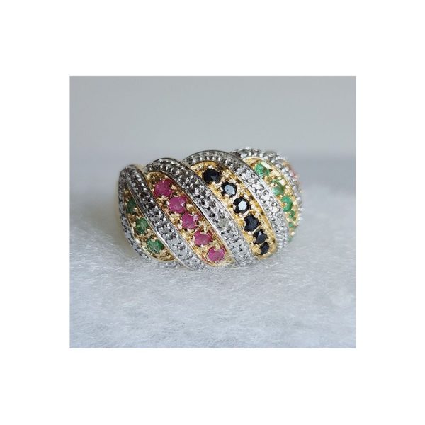 Anillo de Esmeralda, Rubí y Espinela Negra bañado en Oro Amarillo en Plata de Ley 925 Talla 8