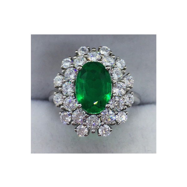 3.2 CT Oval Earth mined Natural Emerald Ring HTHP treated with Diamond halo Sterling Silver Gold Size 6