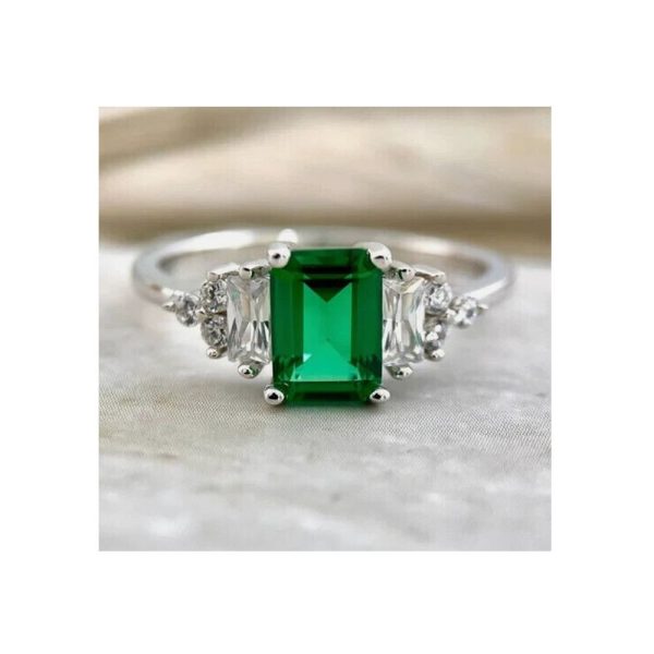 Anillo de Boda con Esmeralda Natural y Diamante de 3,0 quilates, acabado en Oro Blanco de 14 k, talla 8