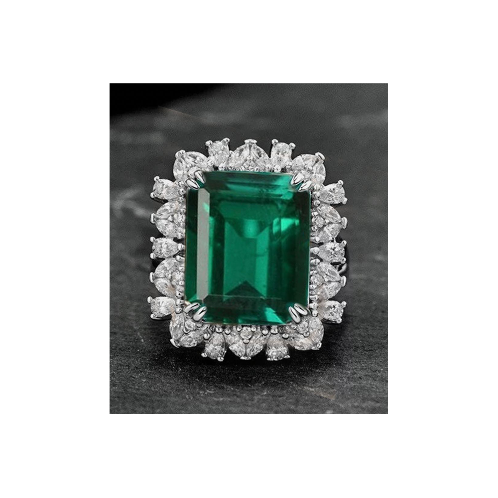 7.00 Ct Earth mined Natural Emerald HTHP Treated with Diamond halo Ring on Sterling Silver Gold Size 8