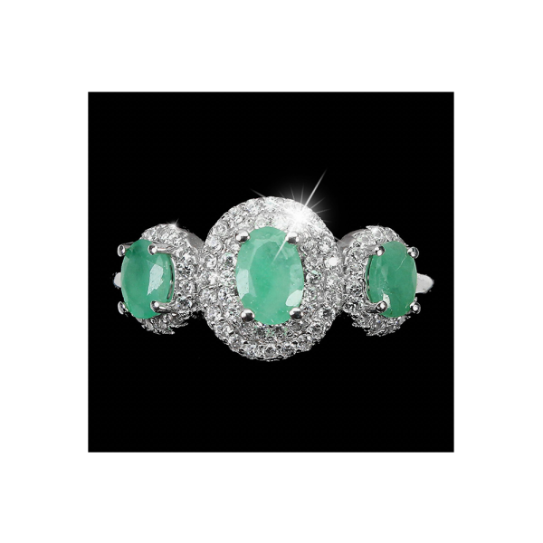 Anillo de 3 Piedras Esmeralda Ovalada Natural 6x4mm No realzado con halo de Circonitas Simuladas en Plata de Ley 925 talla 9
