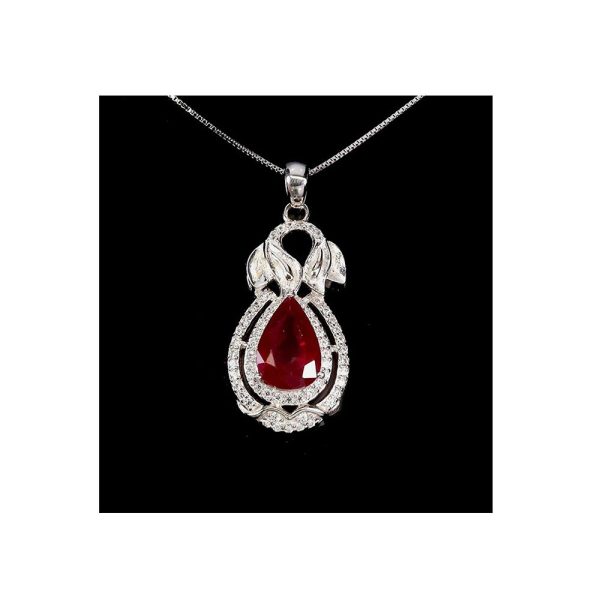 Pendiente de Rubí Natural de corte Pera de 4 quilates con Halo de Diamantes Naturales en Plata de ley 925 con Cadena