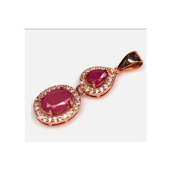 Pendiente Doble de Rubí Natural de 6 quilates con Halo de Circonia Natural en Plata de ley 925 chapada en Oro Rosa de 18 quilates con Cadena