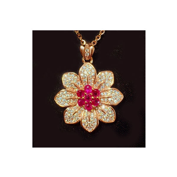 Pendiente en Flor de Zafiro Rosa de 2,5 quilates en Plata de ley chapada en Oro Rosa de 14 quilates con detalle de Zafiro Blanco y Cadena