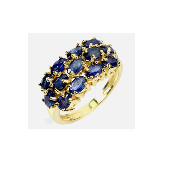 Anillo con Múltiples Gemas de Zafiro Natural en Plata de ley 925 bañada en Oro, talla 9