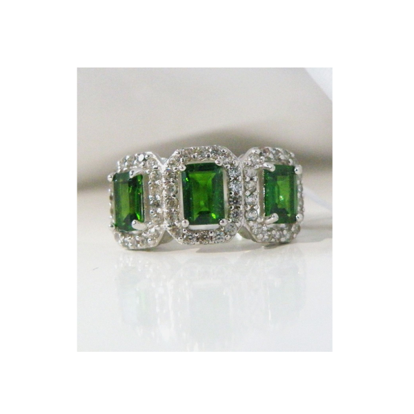 Anillo de Diópsido Cromado Ruso Verde Natural, talla 6, Plata de ley 925 con Halos de Circón Natural, talla 6
