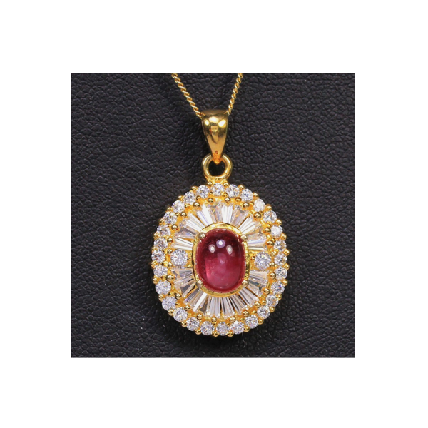 2CT Natural Ruby Pendant with Diamond Rays Halo on 18k Gold-plated 925 Sterling Silver