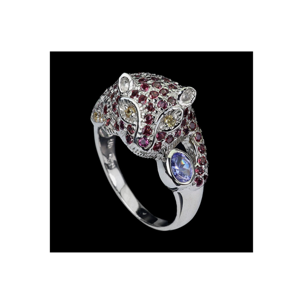 Anillo Jaguar de Tanzanita y Zafiro Rojo en Plata de Ley 925 Talla 9