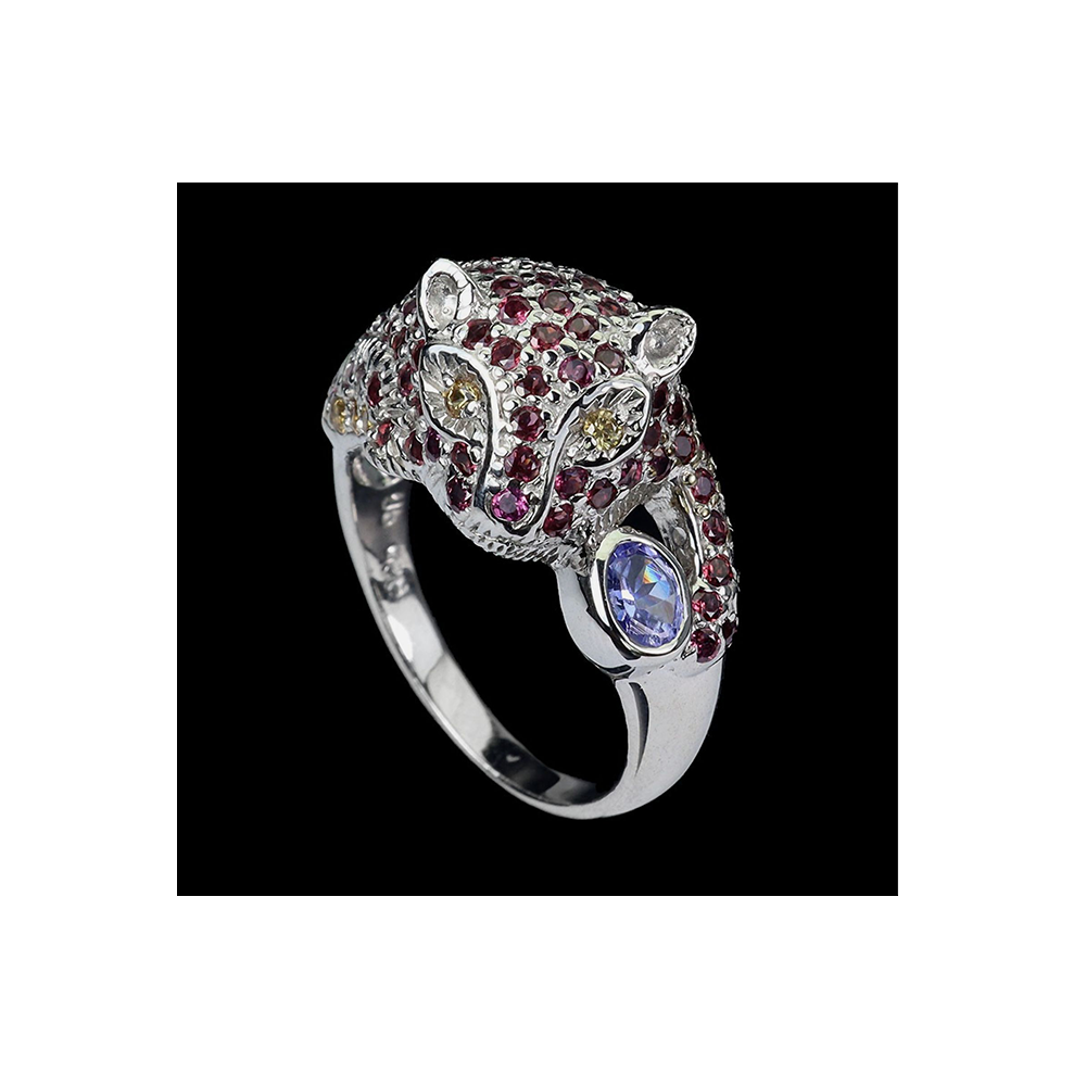 Anillo Jaguar de Tanzanita y Zafiro Rojo en Plata de Ley 925 Talla 9